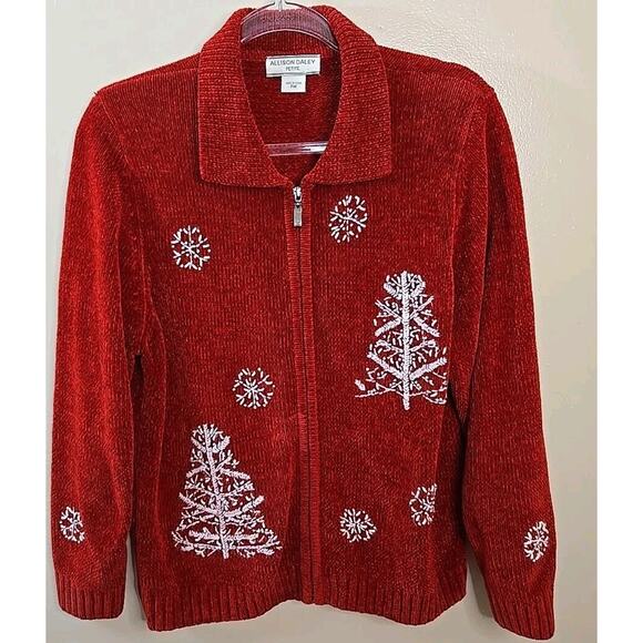 Allison Daley‎ Women's Red Chenille Full Zip Snowflake Christmas Sweater Size PM - Picture 1 of 8